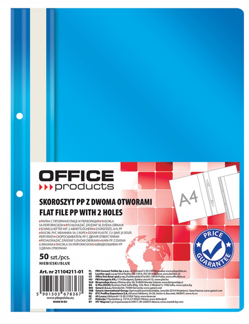 Skoroszyt OFFICE PRODUCTS, PP, A4, 2 otwory, 100/170mikr., wpinany, niebieski