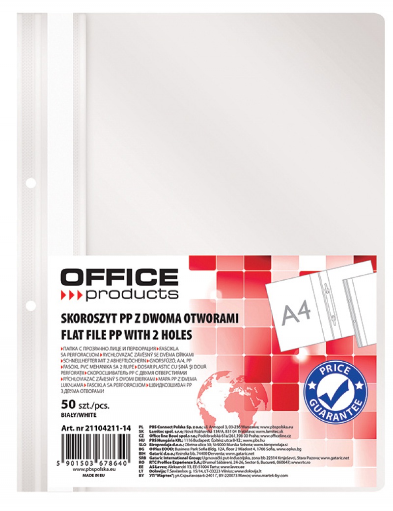 Skoroszyt OFFICE PRODUCTS, PP, A4, 2 otwory, 100/170mikr., wpinany, biały