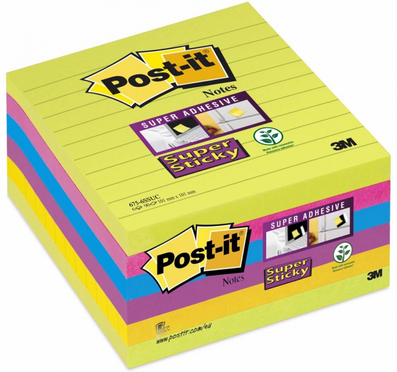 Karteczki samoprzylepne POST-IT® Super Sticky w linie (675 - 6SSUC), 100x100mm, 6x90 kart., neonowe - zdjęcie (7
