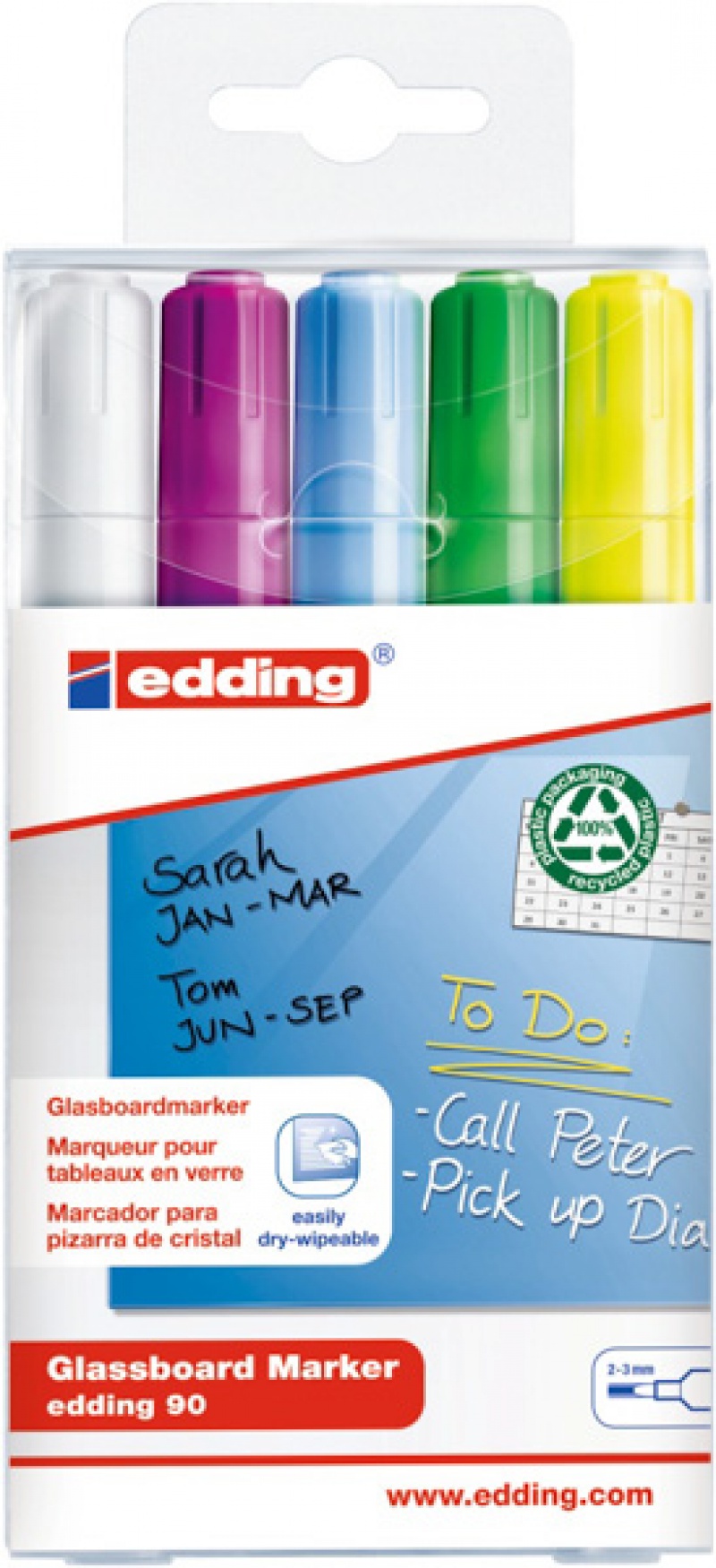 Marker do tablic szklanych e-90/5 EDDING, 2-3mm, 5 szt., zawieszka, mix kolorów